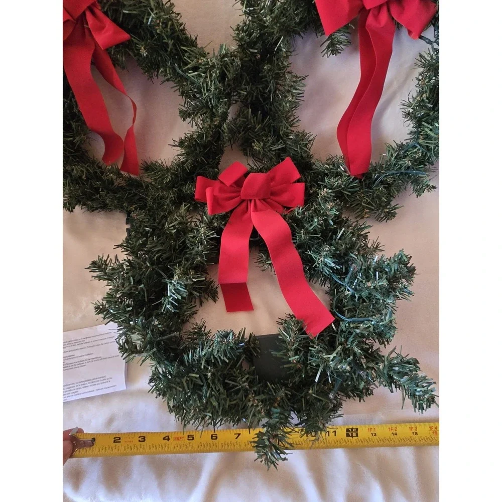 H For Happy Set of 3 LED Light Up Wreaths with Red Bows Outdoor Indoor Christmas